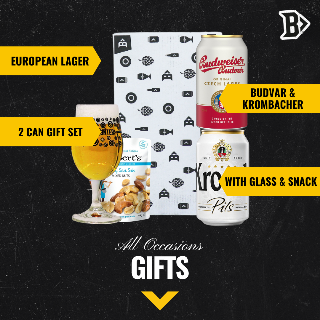 European Lager 2 Can Gift Set with Beerhunter Glass (330ml Cans) - BEERHUNTER