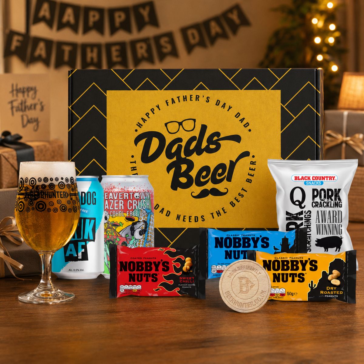 Father's Day Alcohol Free Beer Gift Differently Set for Dad with Beer Glass &amp; Snacks (2 Pack)