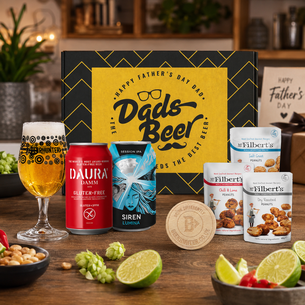 Father's Day Gluten Free Beer Gift Differently Set for Dad with Beer Glass &amp; Snacks (2 Pack)