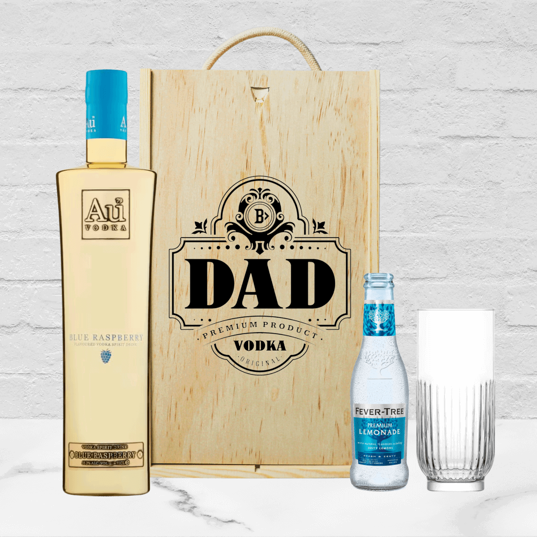 Fathers Day Au Blue Raspberry Vodka Gift Set with Glass &amp; Lemonade - 70cl - BEERHUNTER