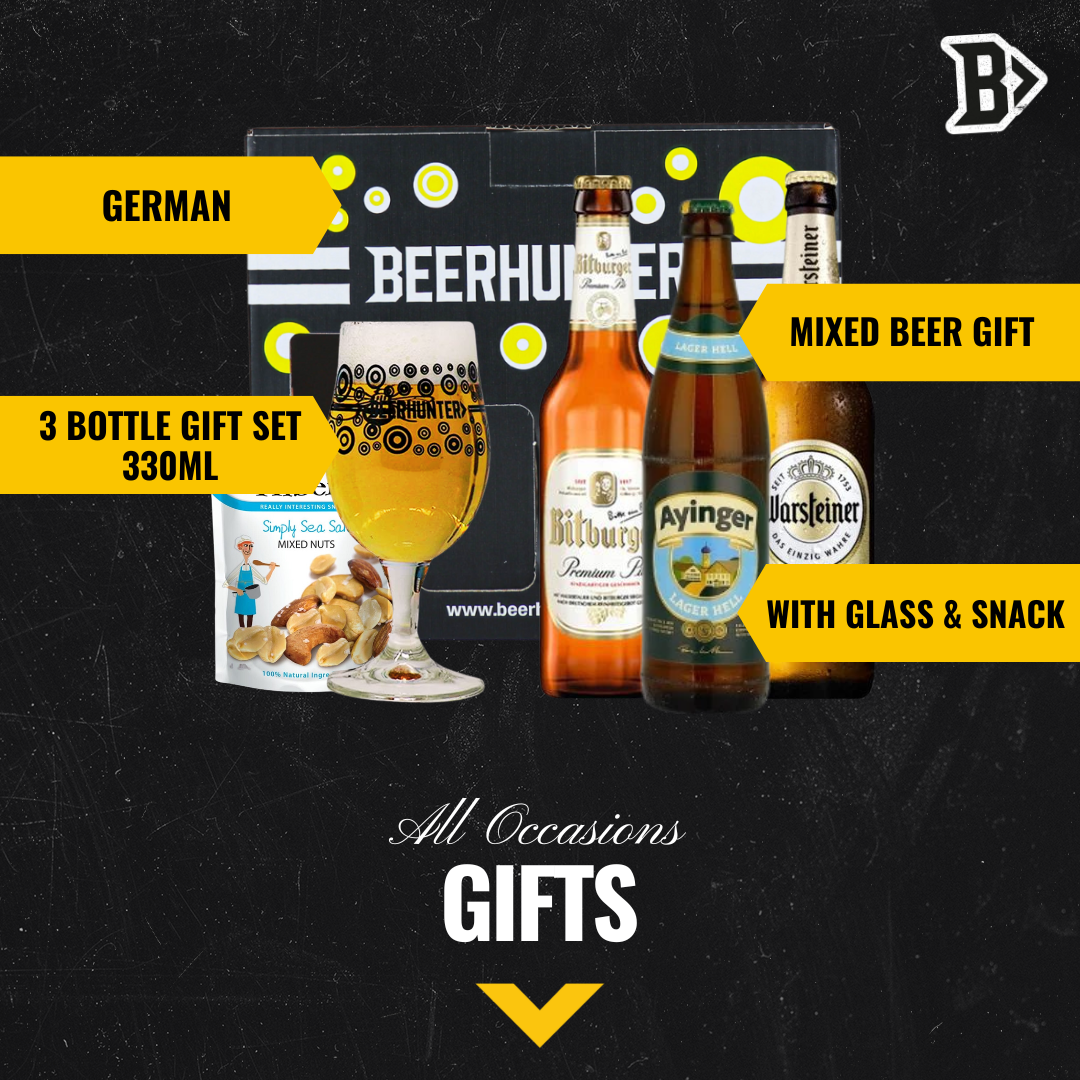 German Breweries Mixed Beer Gift Set with Glass (3 Pack) - Ayinger, Bitburger & Warsteiner Pilsner