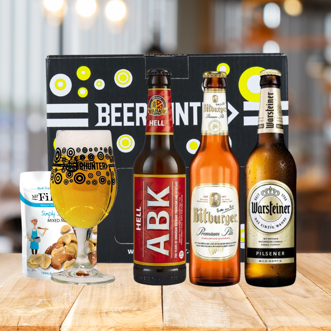 German Breweries Mixed Beer Gift Set with Glass (3 Pack) - ABK Hells, Bitburger &amp; Warsteiner Pilsner - BEERHUNTER