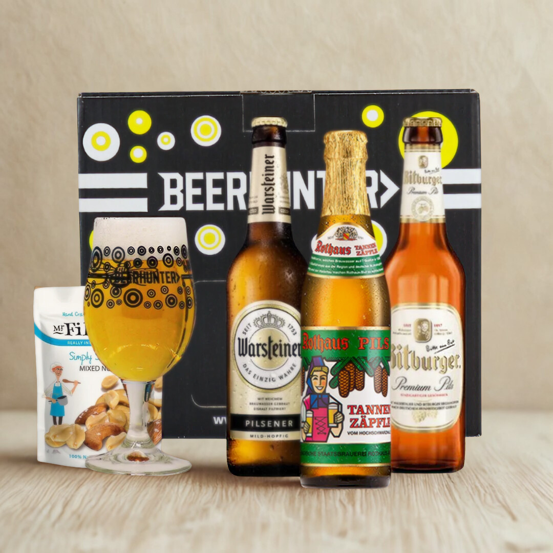 German Breweries Mixed Beer Gift Set with Glass (3 Pack) - Rothaus, Bitburger & Warsteiner Pilsner