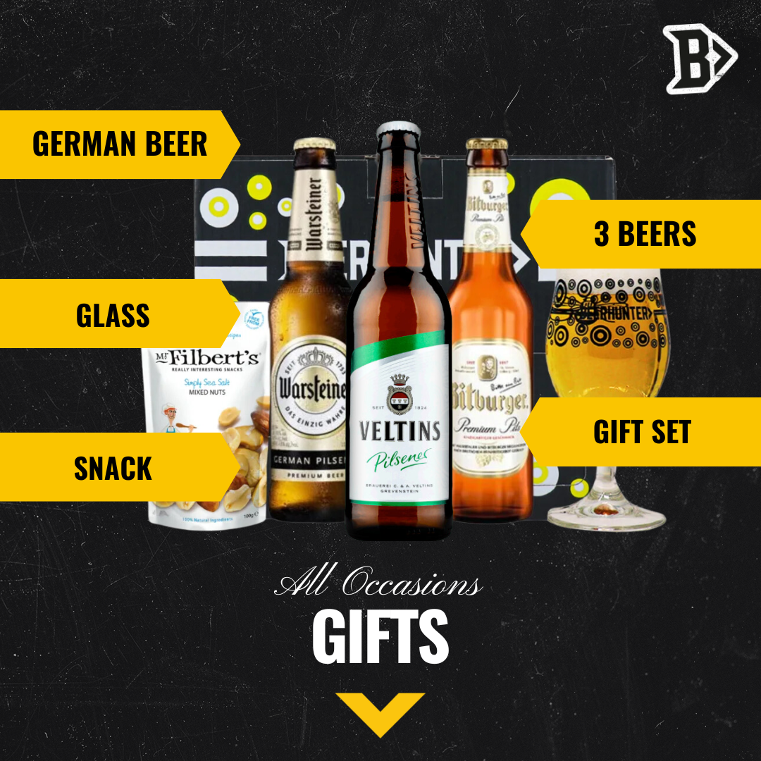 German Breweries Mixed Beer Gift Set with Glass (3 Pack) - Veltins, Bitburger & Warsteiner Pilsner - BEERHUNTER
