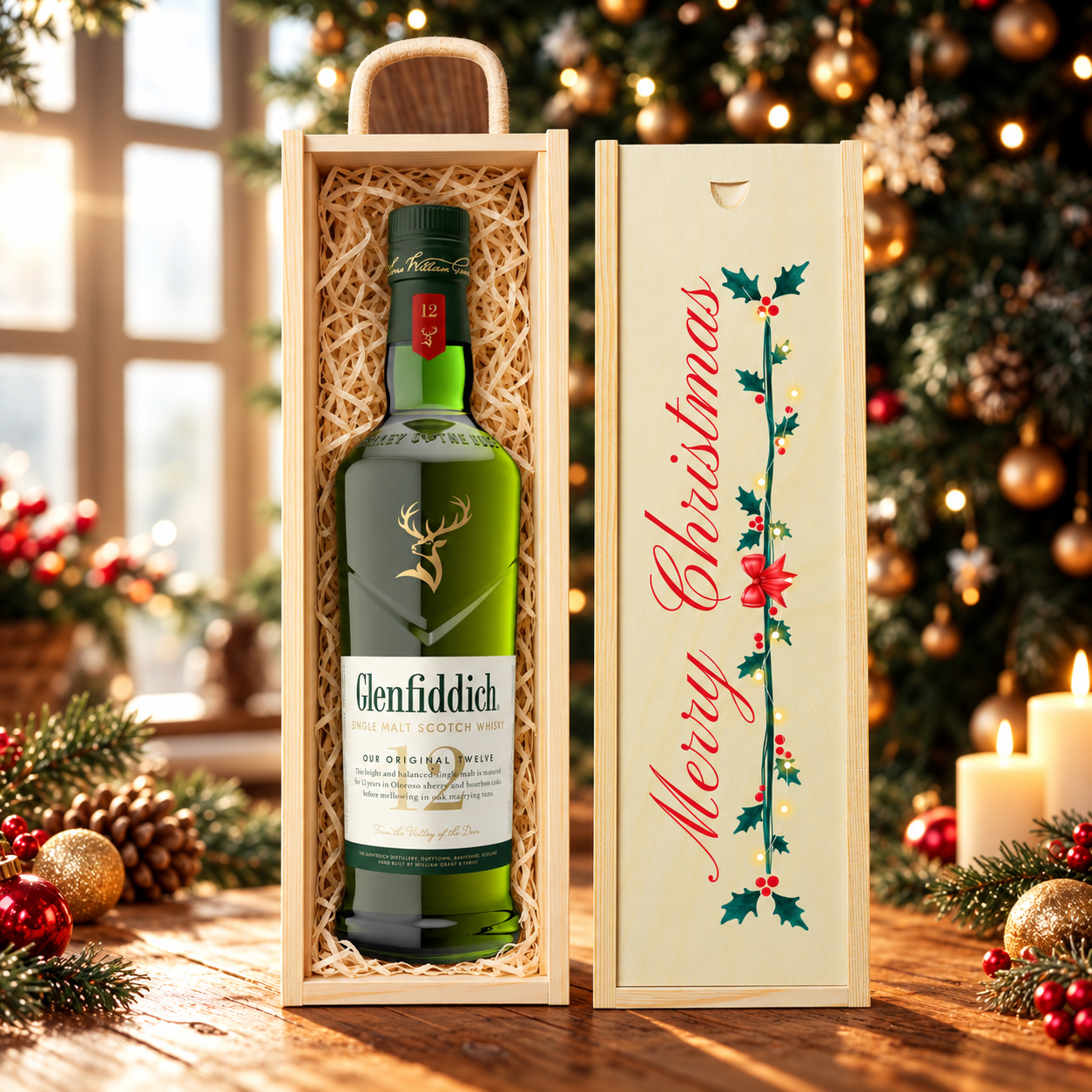 Merry Christmas Glenfiddich 12 Year Old Single Malt Scotch Whisky Gift Set - 40% ABV - 70cl