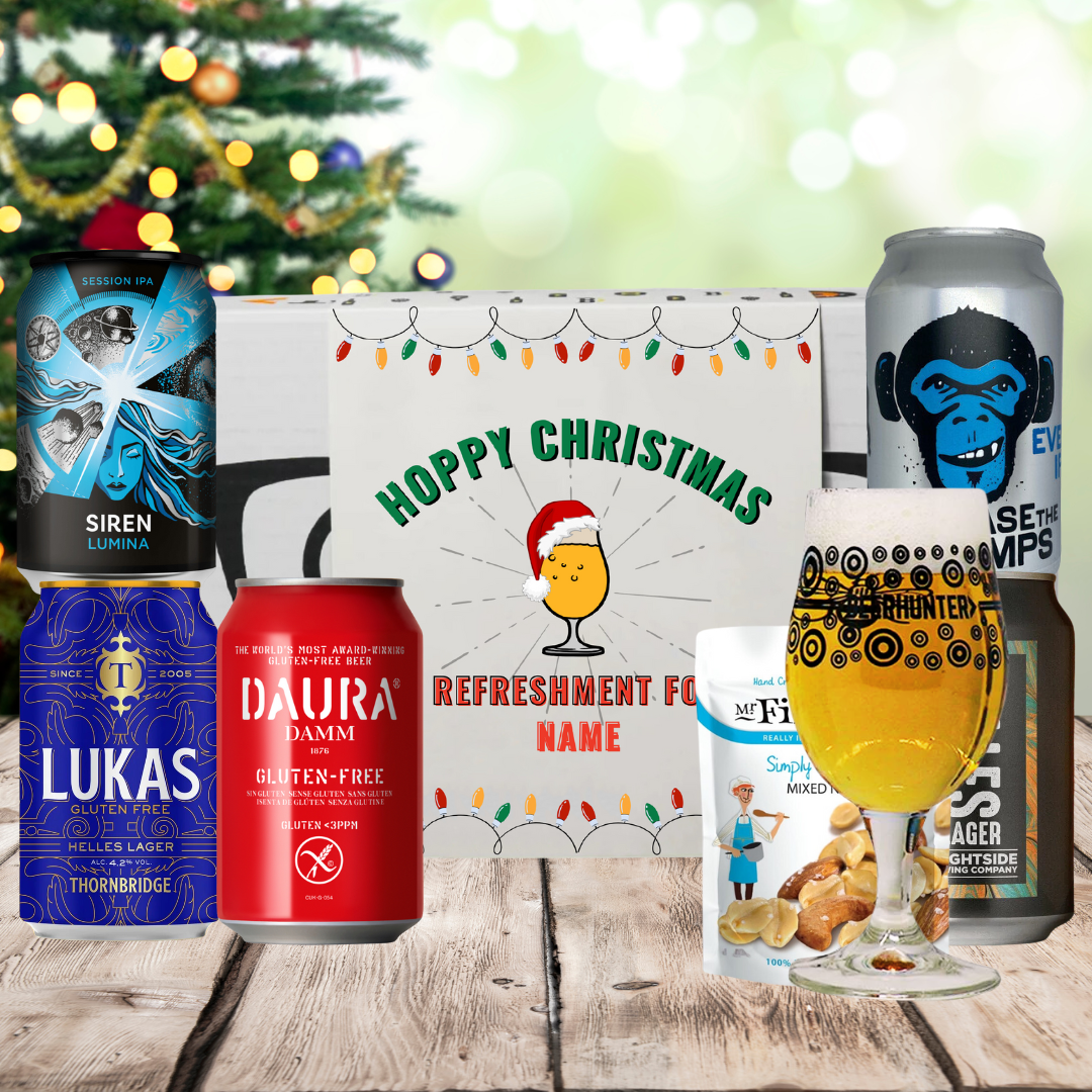 Personalised 'Hoppy Christmas' Gluten Free Beer 5 Can Gift Pack with Glass & Snack