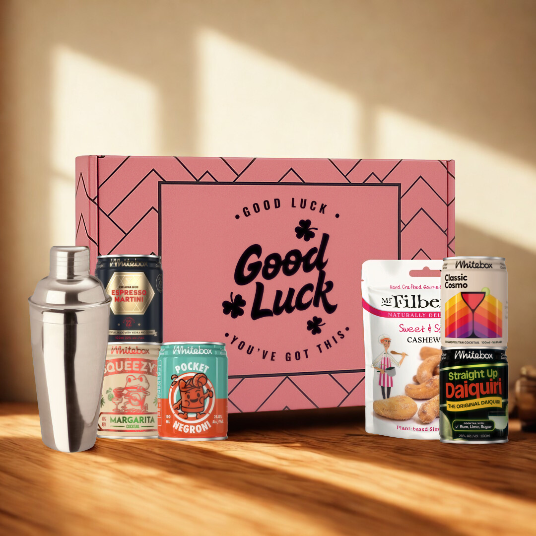 Good Luck Gift Box with Whitebox Ready-to-Drink Cocktail Cans &amp; Gourmet Snack Gift Box (5 x 10cl)