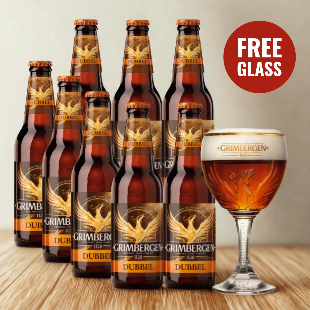 Grimbergen Dubbel Belgian Ale 330ml Bottles 6.5% WITH FREE GLASS (8 Pack)