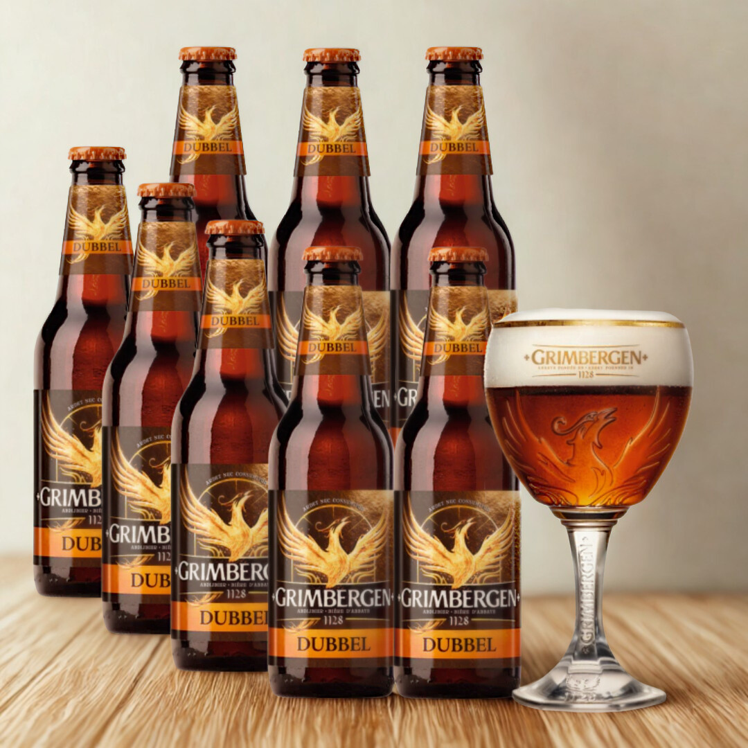 Grimbergen Dubbel Belgian Ale 330ml Bottles 6.5% WITH FREE GLASS (8 Pack)
