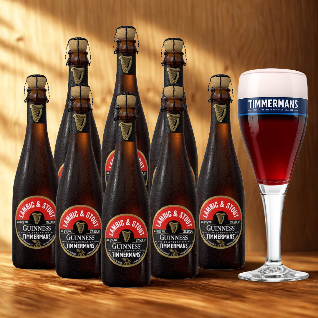 Timmermans &amp; Guinness Lambic &amp; Stout Beer Gift Set (8 Pack) with Official Timmermans Glass - 375ml Bottles