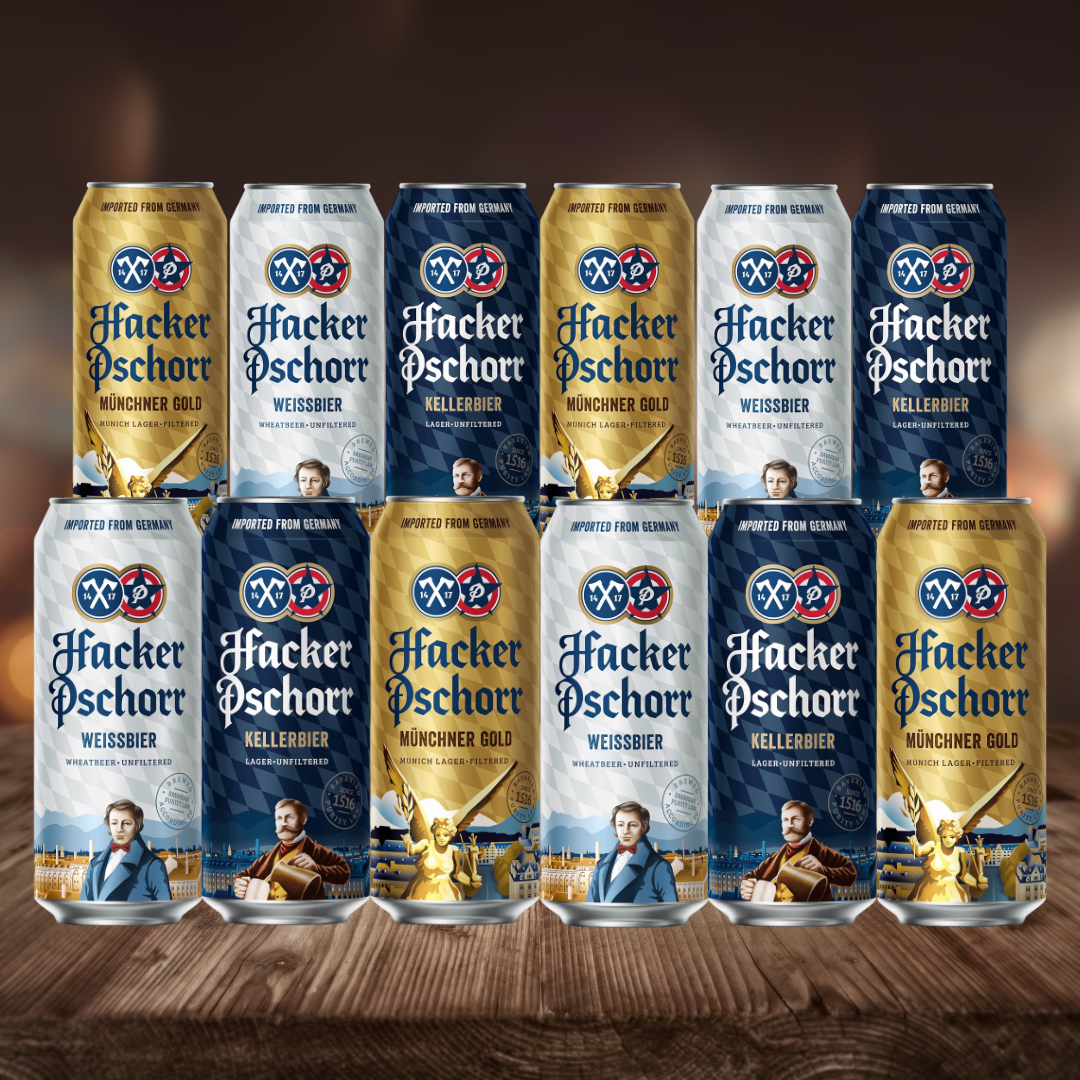 Hacker Pschorr Mixed Beer Case of German Weissbier, Kellerbier &amp;amp; Gold Pack 500ml Cans (12 Pack) - BEERHUNTER