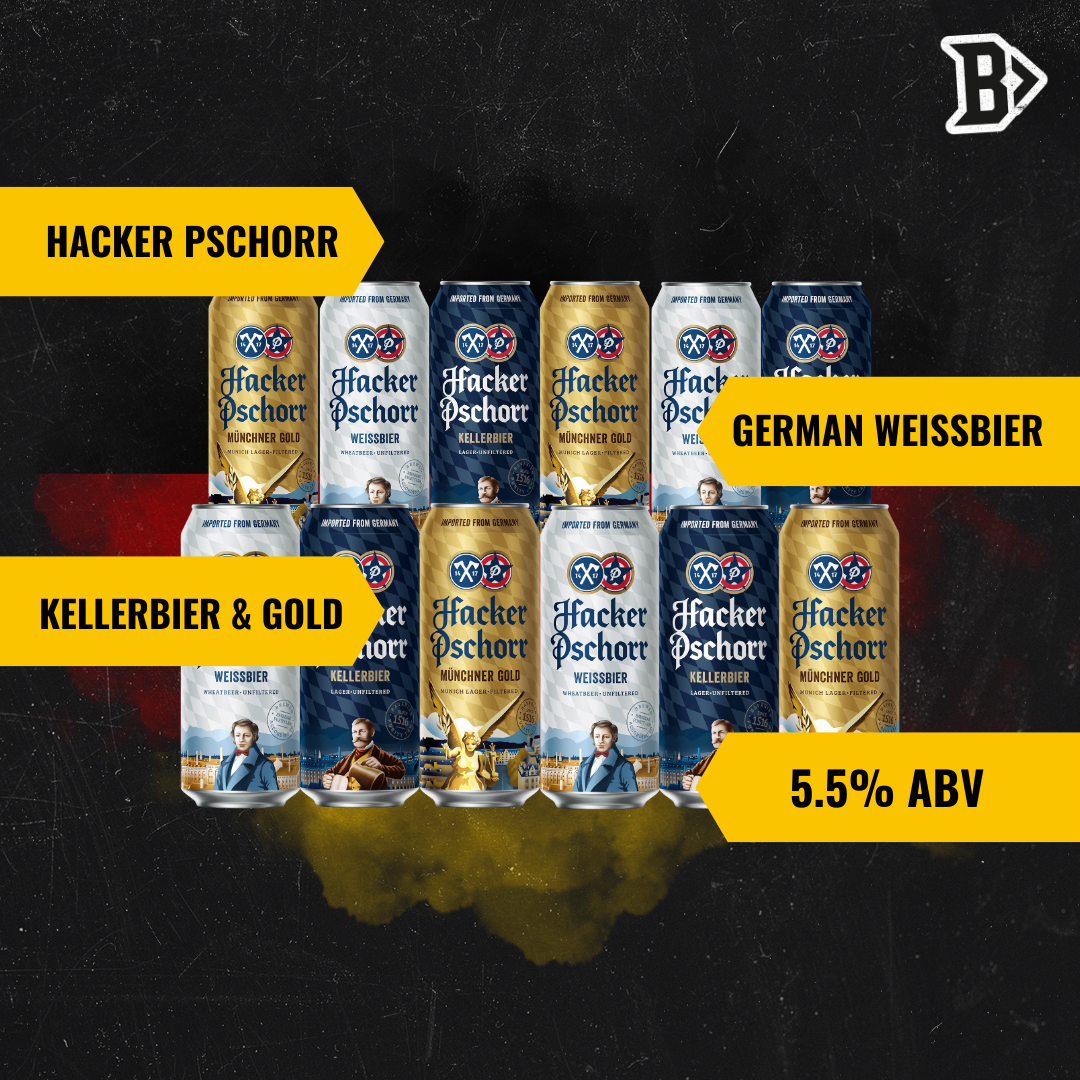 Hacker Pschorr Mixed Beer Case of German Weissbier, Kellerbier &amp; Gold Pack 500ml Cans (12 Pack) - BEERHUNTER