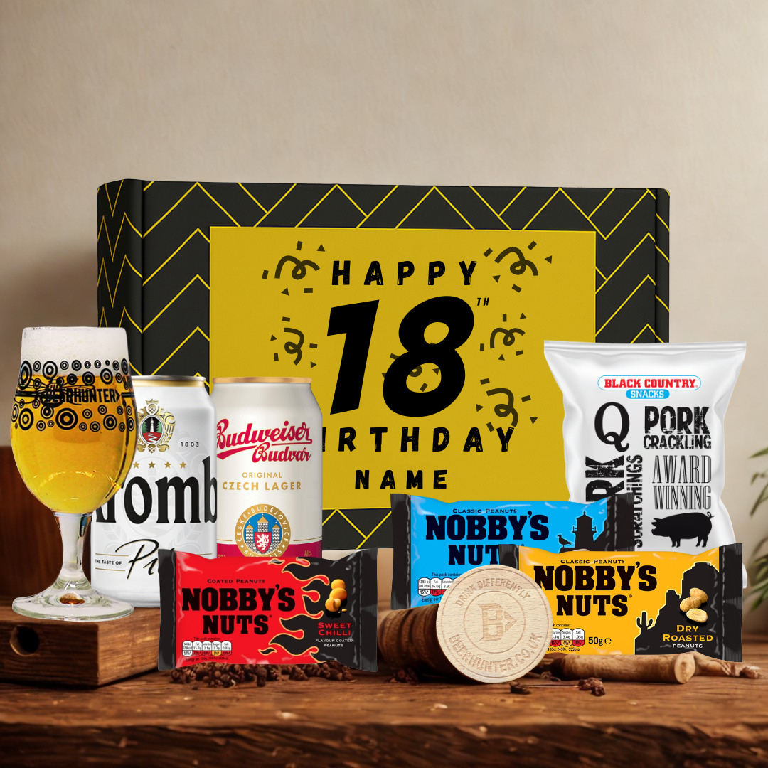 Personalised 18th Birthday Beer Gift Set – Craft Beer Selection with Glass & Snacks (2 Pack)