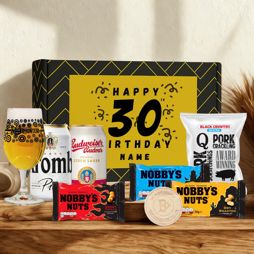 Personalised 30th Birthday Beer Gift Set – Craft Beer Selection with Glass &amp; Snacks (2 Pack)