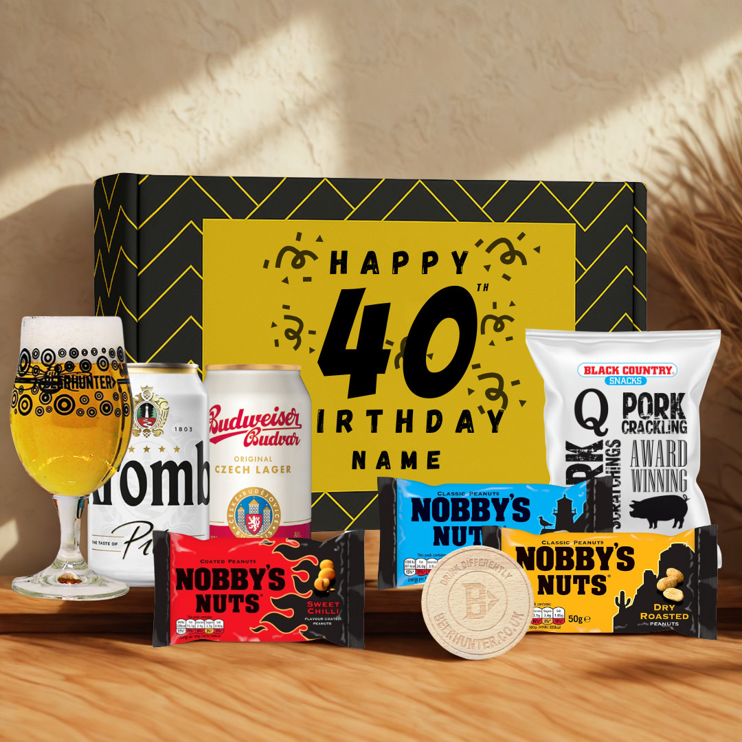 Personalised 40th Birthday Beer Gift Set – Craft Beer Selection with Glass &amp; Snacks (2 Pack)