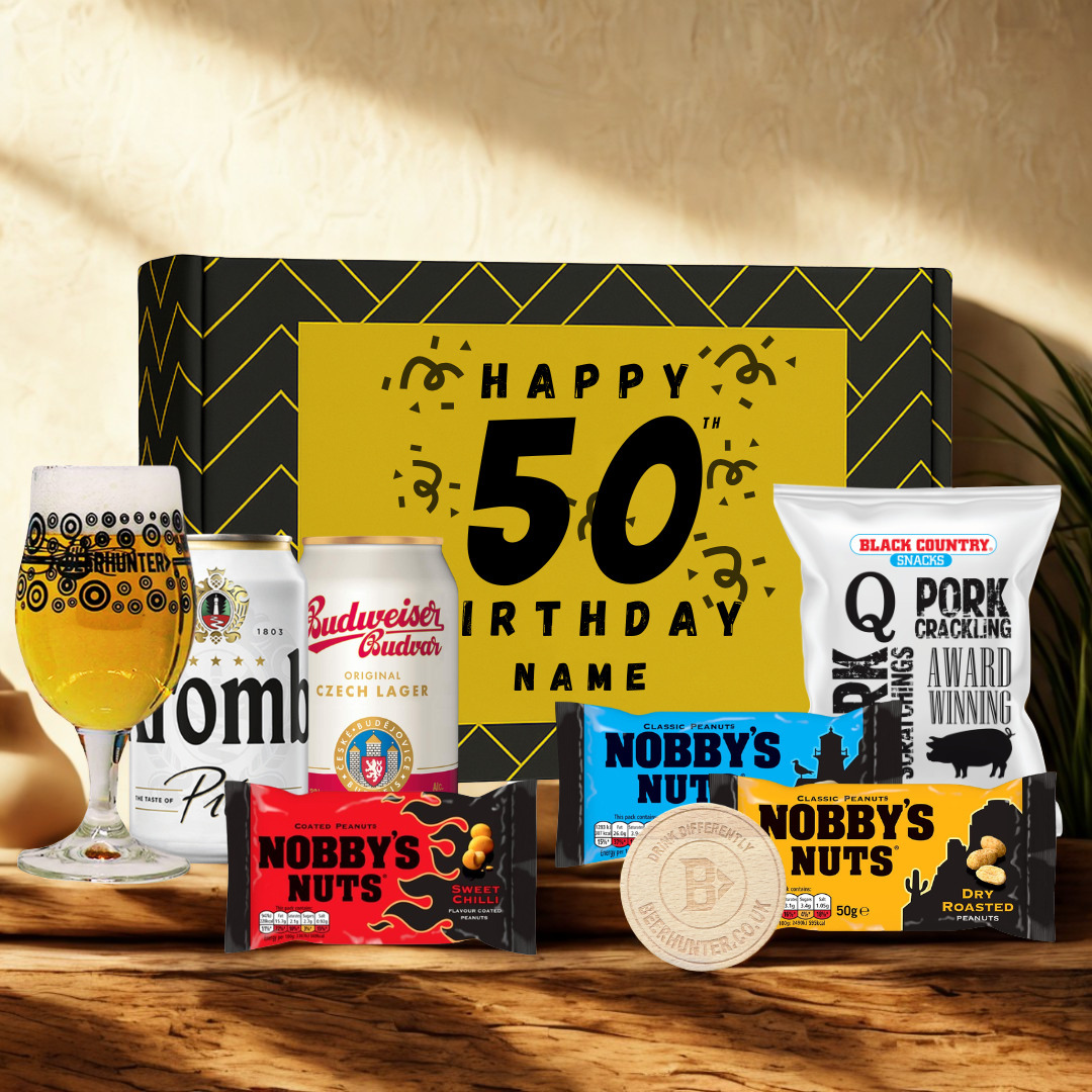 Personalised 50th Birthday Beer Gift Set – Craft Beer Selection with Glass &amp; Snacks (2 Pack)
