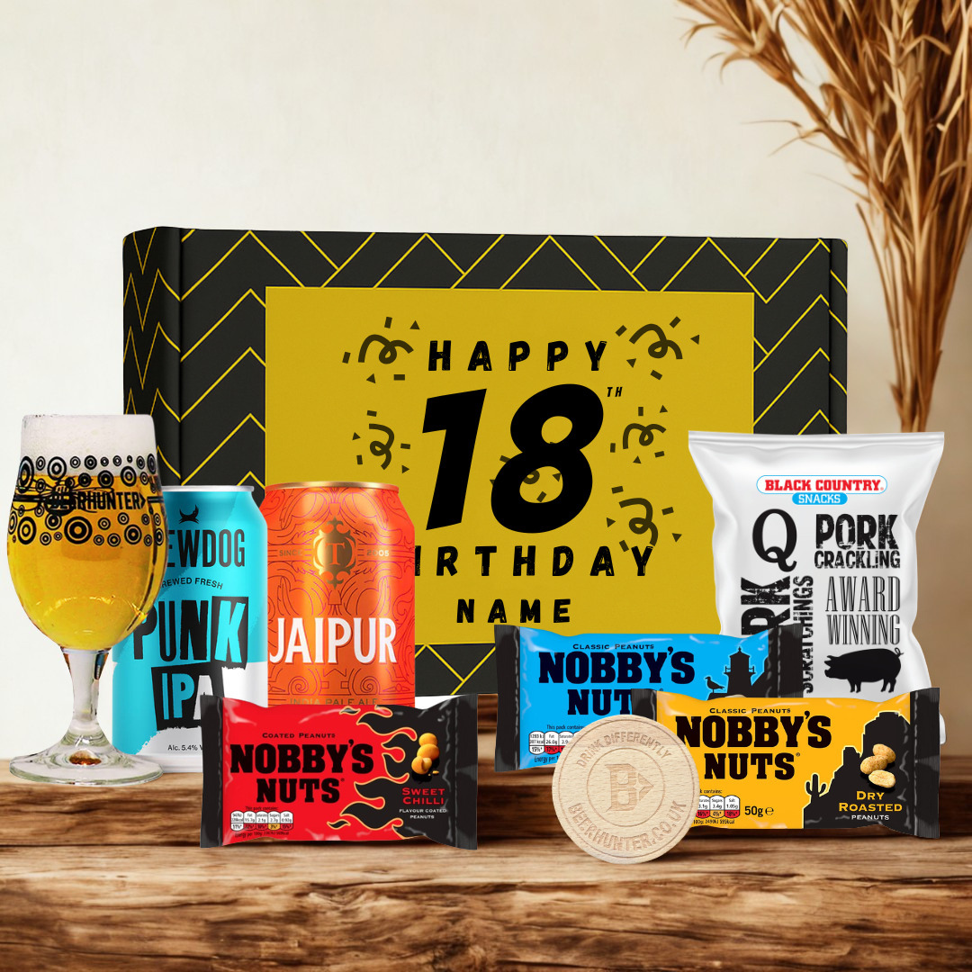 Personalised 18th Birthday Beer Gift Set – Craft Beer Selection with Glass &amp; Snacks (2 Pack)