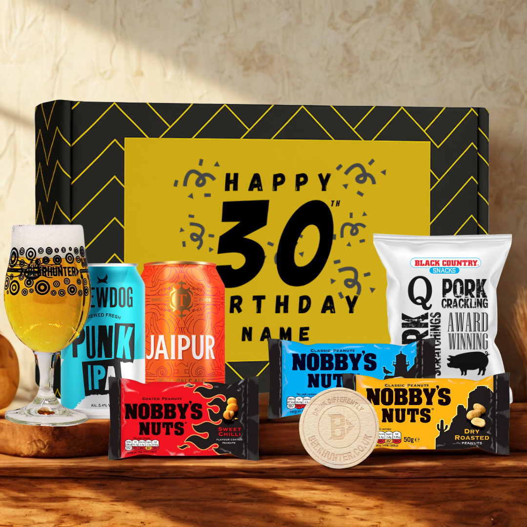 Personalised 30th Birthday Beer Gift Set – Craft Beer Selection with Glass &amp; Snacks (2 Pack)