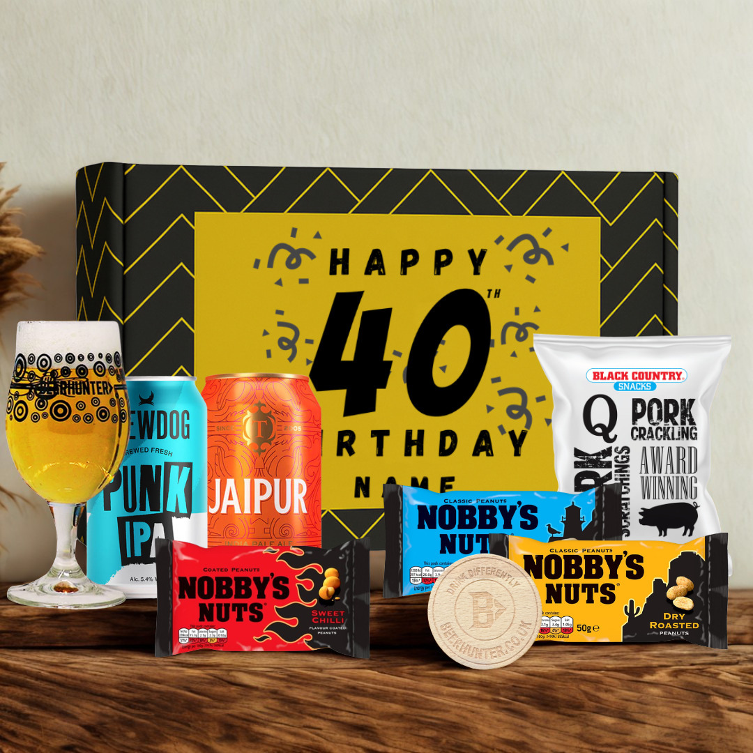 Personalised 40th Birthday Beer Gift Set – Craft Beer Selection with Glass & Snacks (2 Pack)