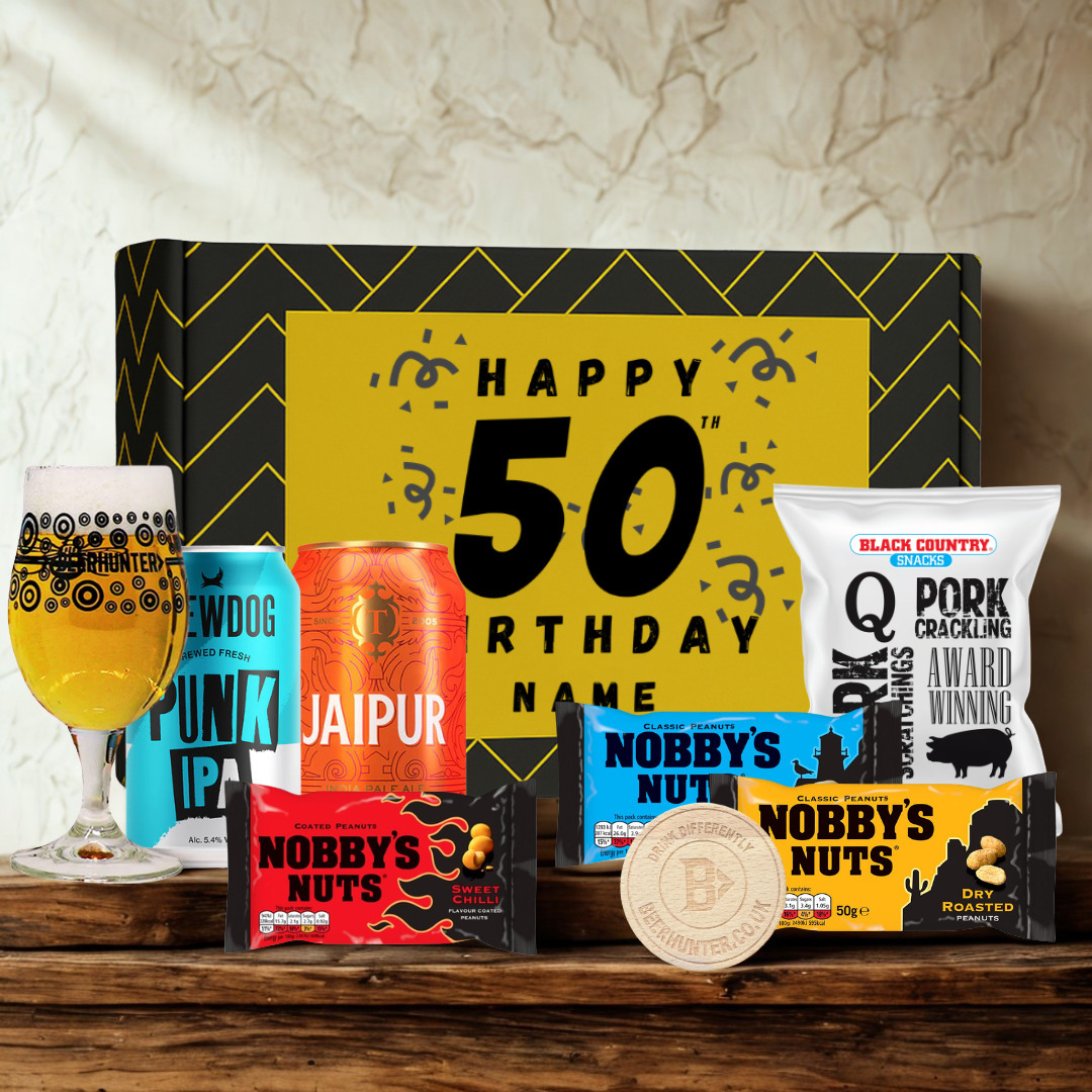 Personalised 50th Birthday Beer Gift Set – Craft Beer Selection with Glass & Snacks (2 Pack)