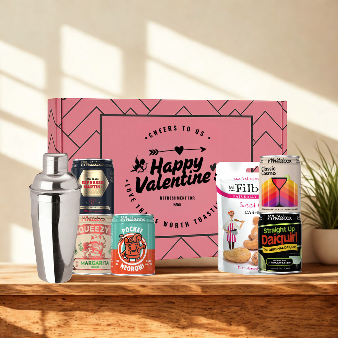 Happy Valentine's Gift Box with Whitebox Ready-to-Drink Cocktail Cans & Gourmet Snack Gift Box (5 x 10cl)