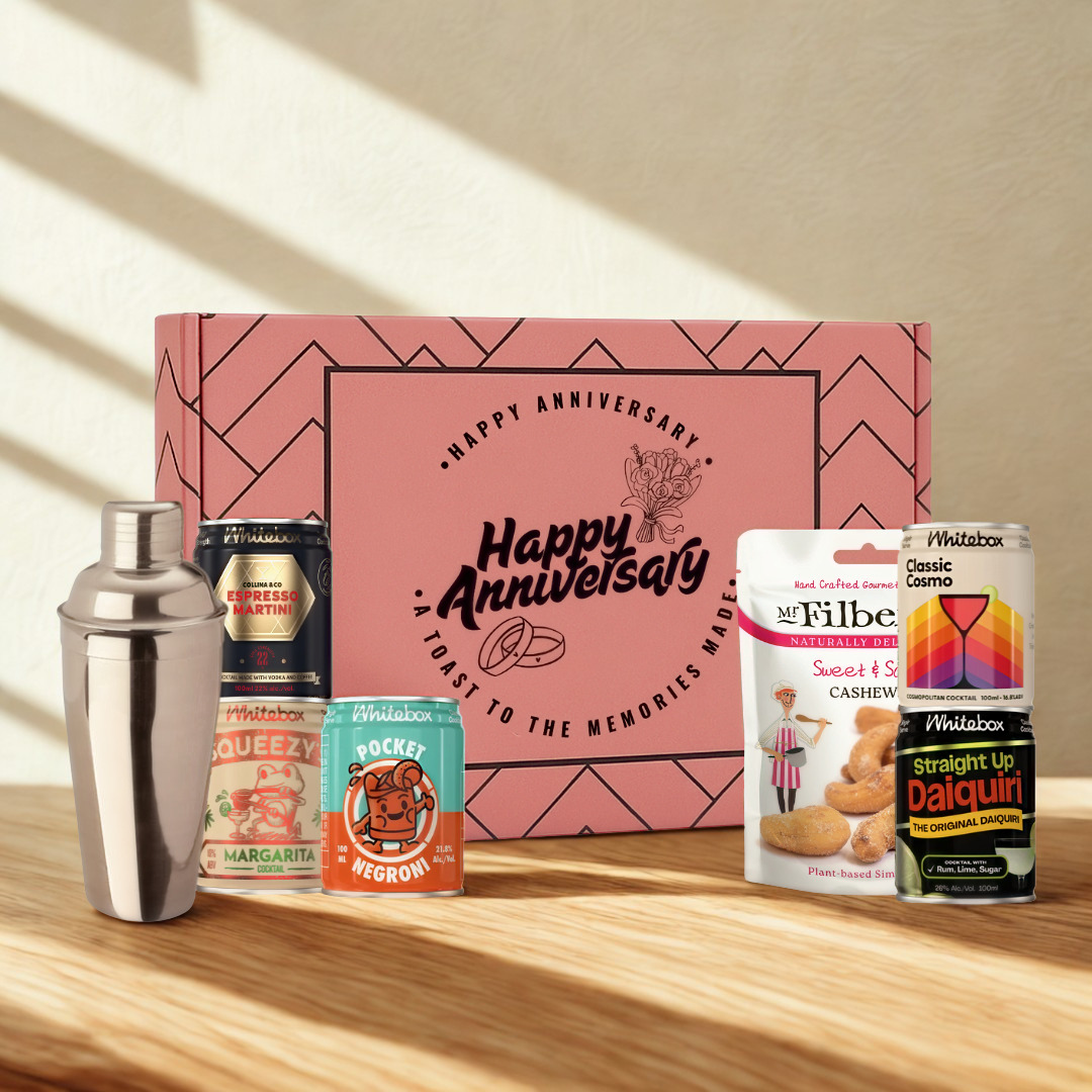 Happy Anniversary Gift Box with Whitebox Ready-to-Drink Cocktail Cans &amp; Gourmet Snack Gift Box (5 x 10cl)