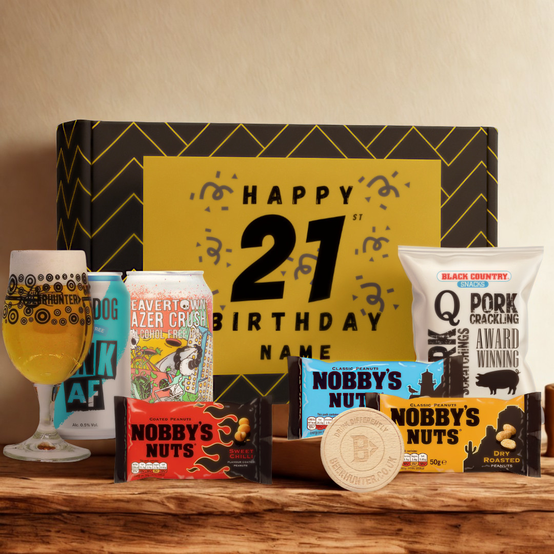 Personalised 21st Birthday Beer Gift Set – Craft Beer Selection with Glass & Snacks (2 Pack)