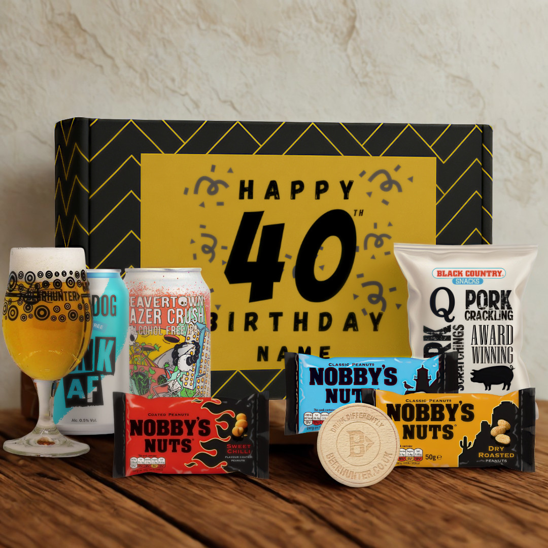 Personalised 40th Birthday Beer Gift Set – Craft Beer Selection with Glass & Snacks (2 Pack)