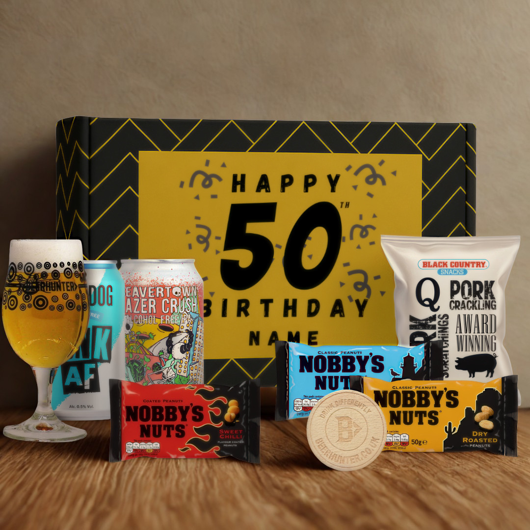 Personalised 50th Birthday Beer Gift Set – Craft Beer Selection with Glass & Snacks (2 Pack)