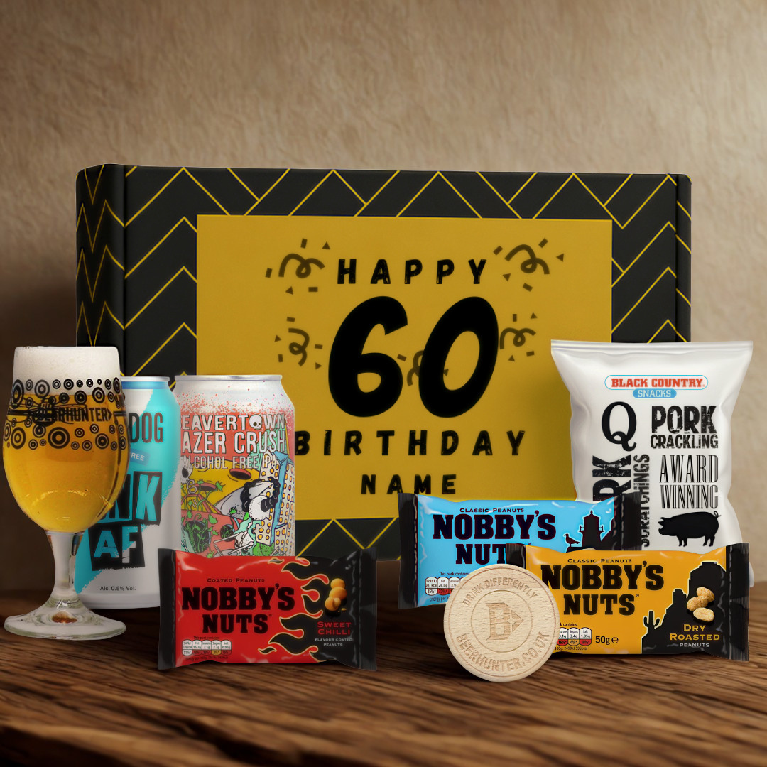 Personalised 60th Birthday Beer Gift Set – Craft Beer Selection with Glass &amp; Snacks (2 Pack)