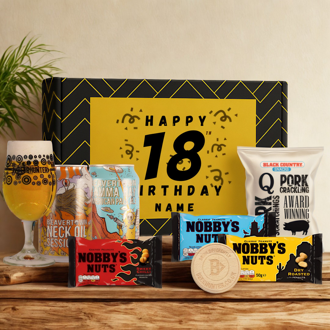 Personalised 18th Birthday Beer Gift Set – Craft Beer Selection with Glass &amp; Snacks (2 Pack)