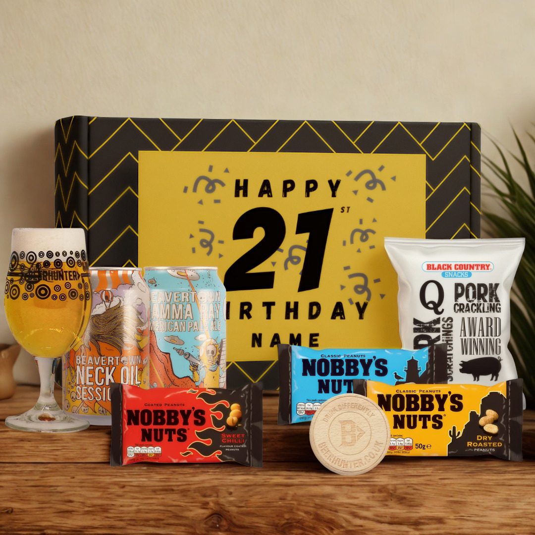 Personalised 21st Birthday Beer Gift Set – Craft Beer Selection with Glass &amp; Snacks (2 Pack)
