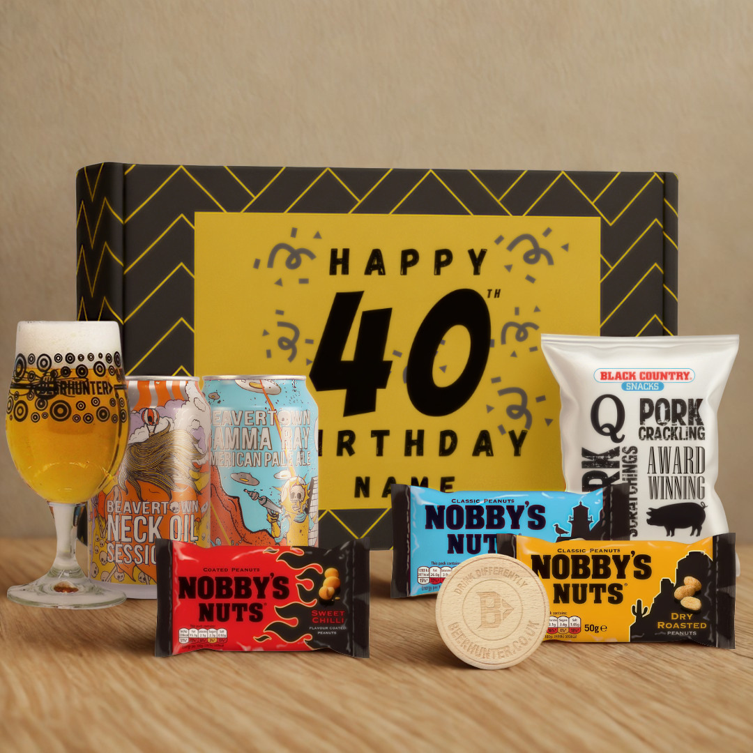 Personalised 40th Birthday Beer Gift Set – Craft Beer Selection with Glass & Snacks (2 Pack)