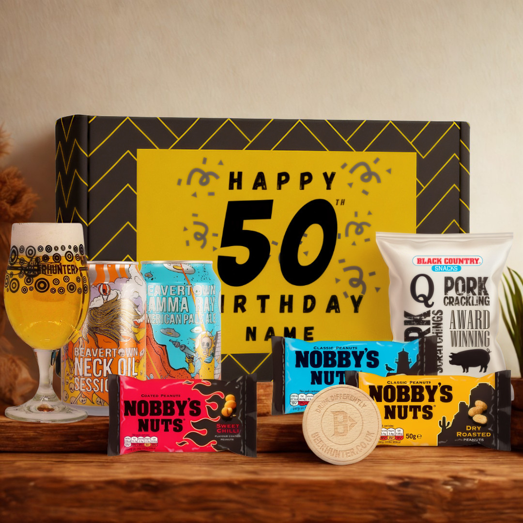 Personalised 50th Birthday Beer Gift Set – Craft Beer Selection with Glass &amp; Snacks (2 Pack)