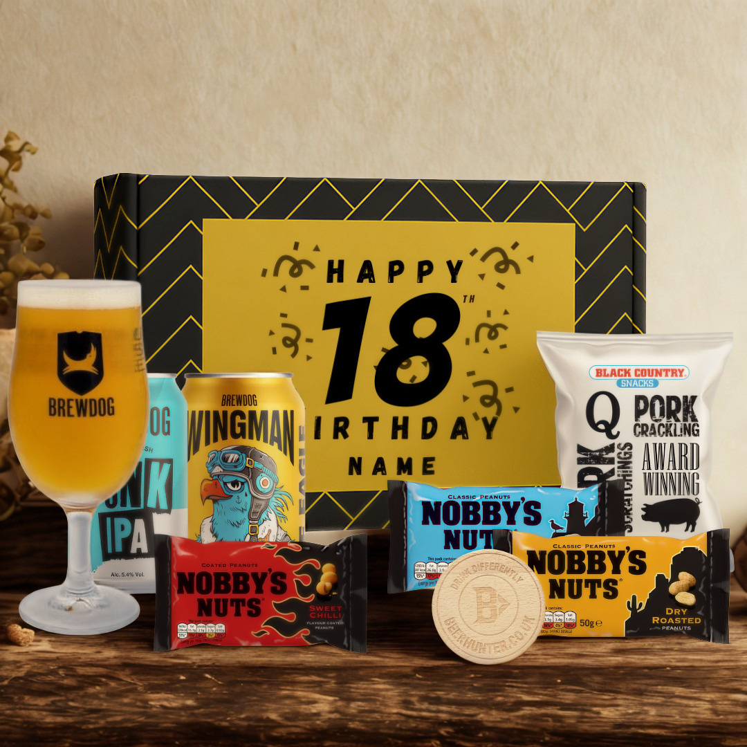 Personalised 18th Birthday Beer Gift Set – Craft Beer Selection with Glass & Snacks (2 Pack)