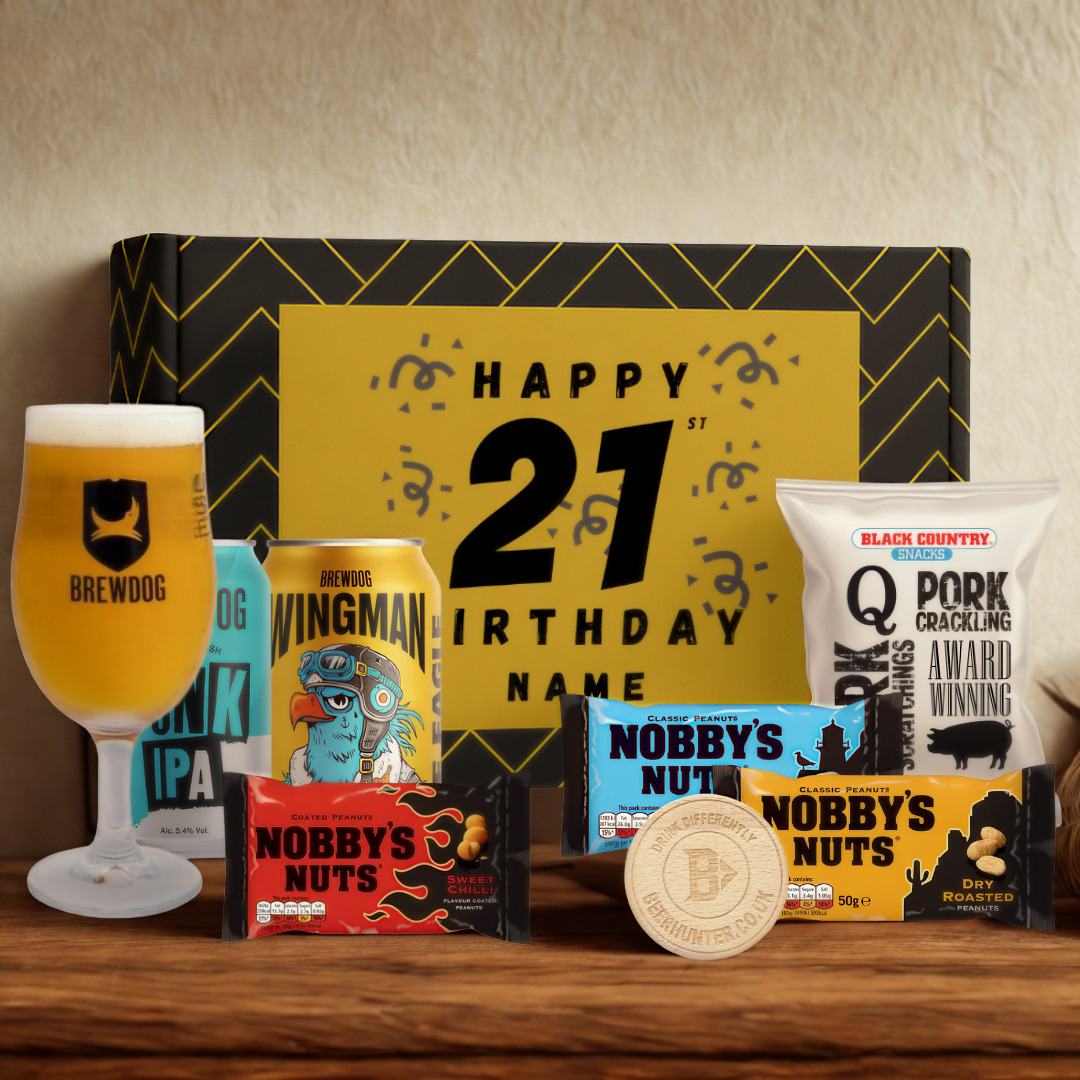 Personalised 21st Birthday Beer Gift Set – Craft Beer Selection with Glass & Snacks (2 Pack)