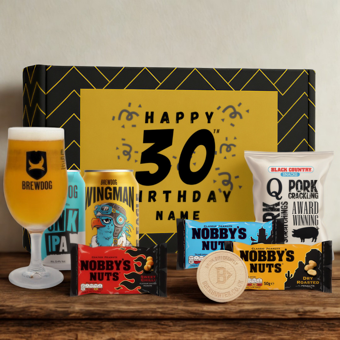 Personalised 30th Birthday Beer Gift Set – Craft Beer Selection with Glass & Snacks (2 Pack)
