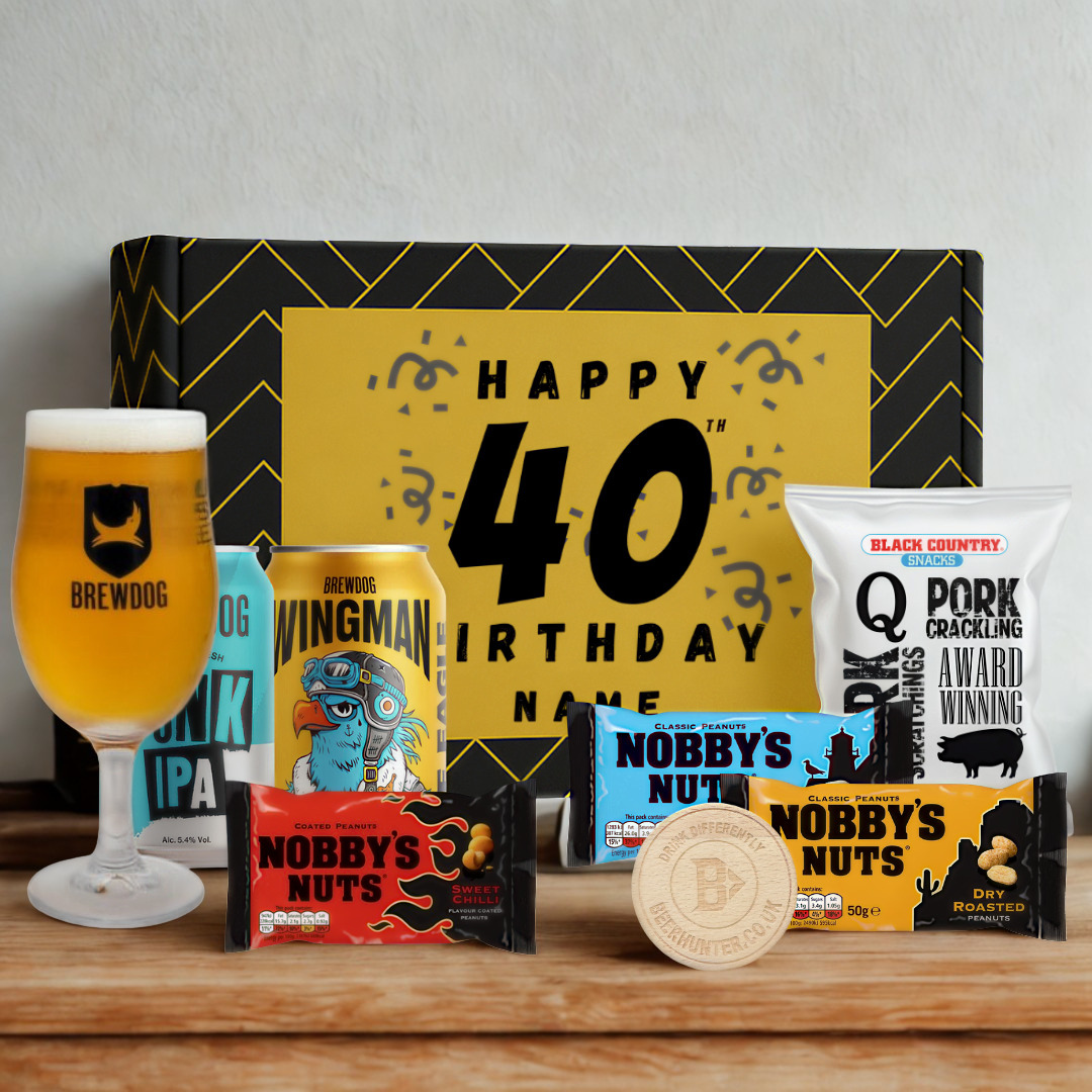 Personalised 40th Birthday Beer Gift Set – Craft Beer Selection with Glass & Snacks (2 Pack)