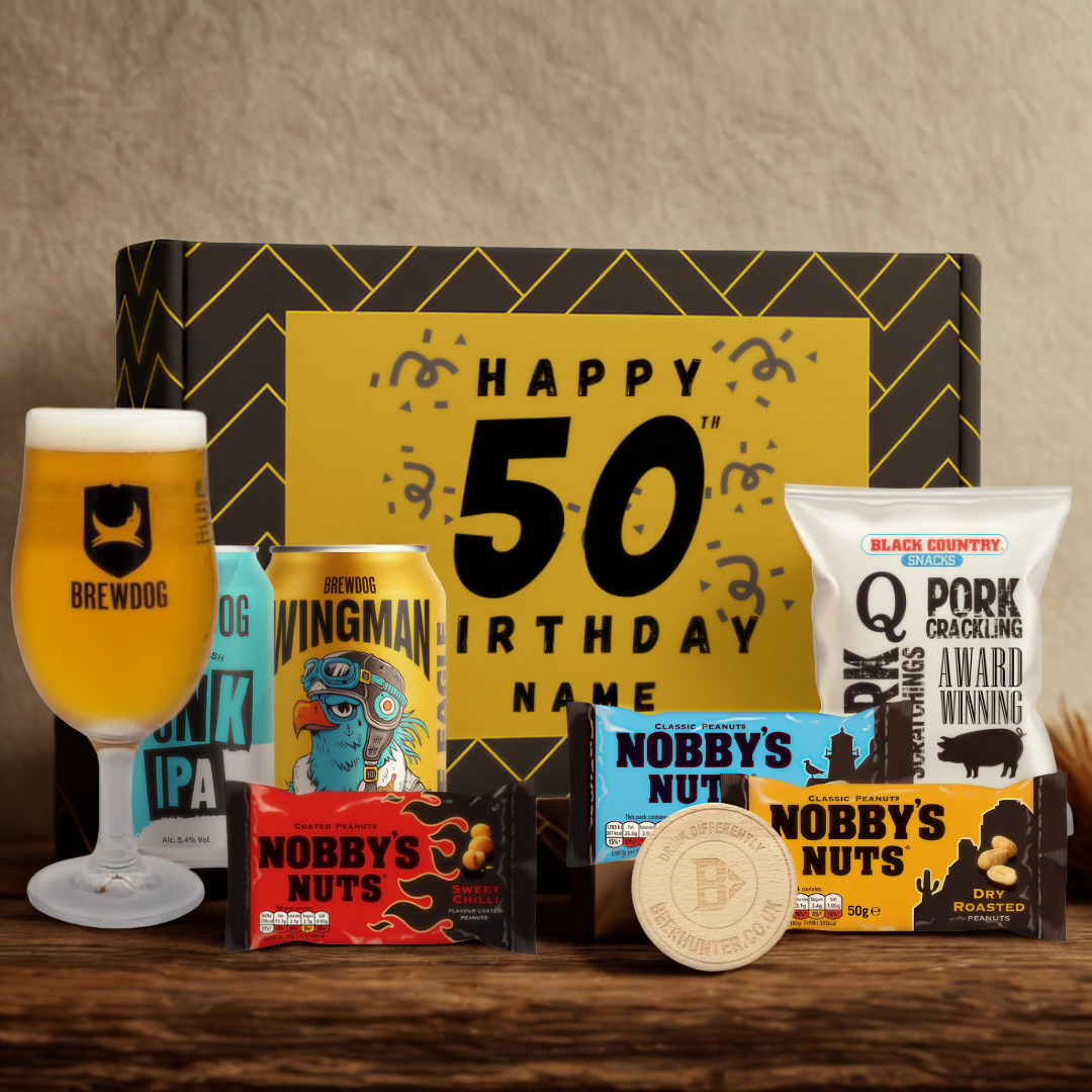 Personalised 50th Birthday Beer Gift Set – Craft Beer Selection with Glass & Snacks (2 Pack)