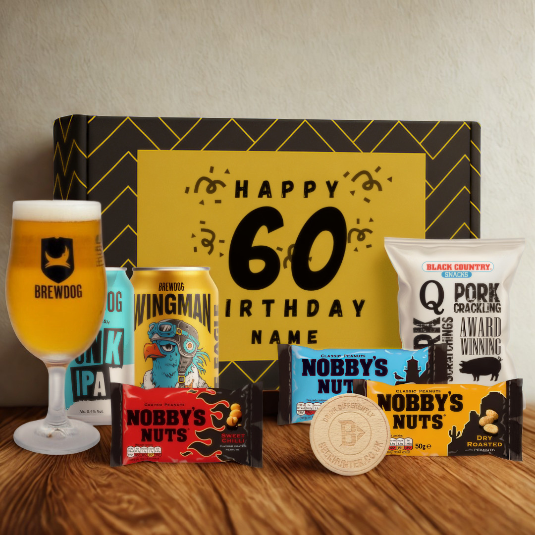 Personalised 60th Birthday Beer Gift Set – Craft Beer Selection with Glass & Snacks (2 Pack)