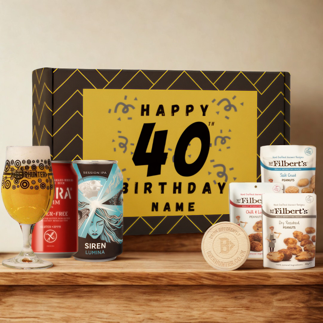 Personalised 40th Birthday Beer Gift Set – Craft Beer Selection with Glass &amp; Snacks (2 Pack)
