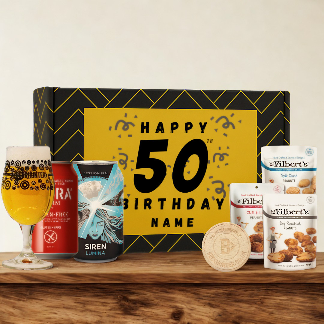 Personalised 50th Birthday Beer Gift Set – Craft Beer Selection with Glass & Snacks (2 Pack)