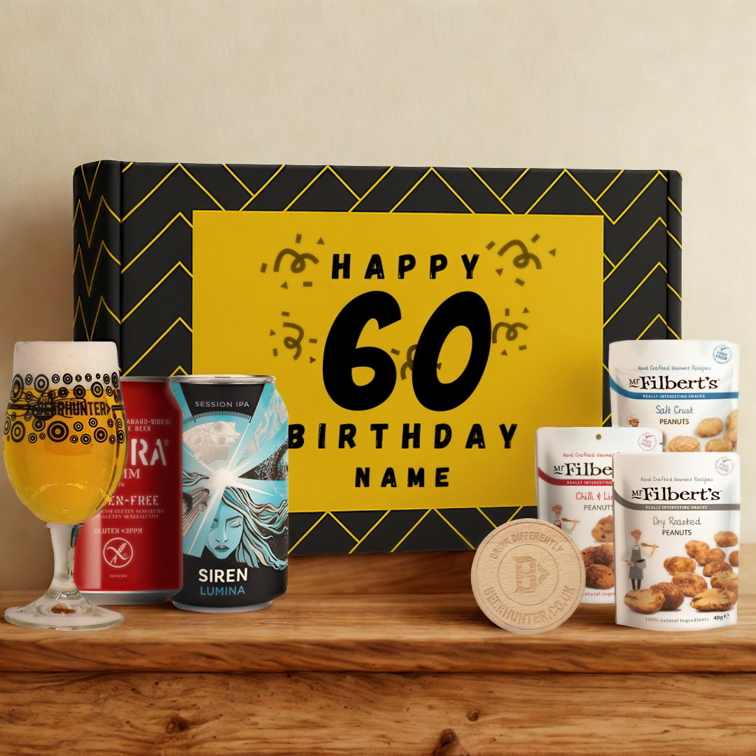 Personalised 60th Birthday Beer Gift Set – Craft Beer Selection with Glass & Snacks (2 Pack)