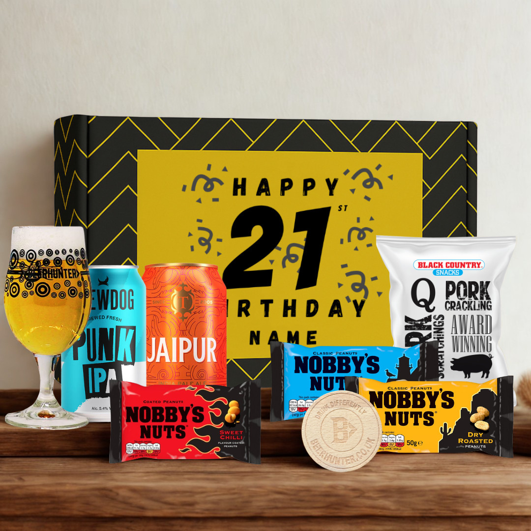 Personalised 21st Birthday Beer Gift Set – Craft Beer Selection with Glass &amp; Snacks (2 Pack)