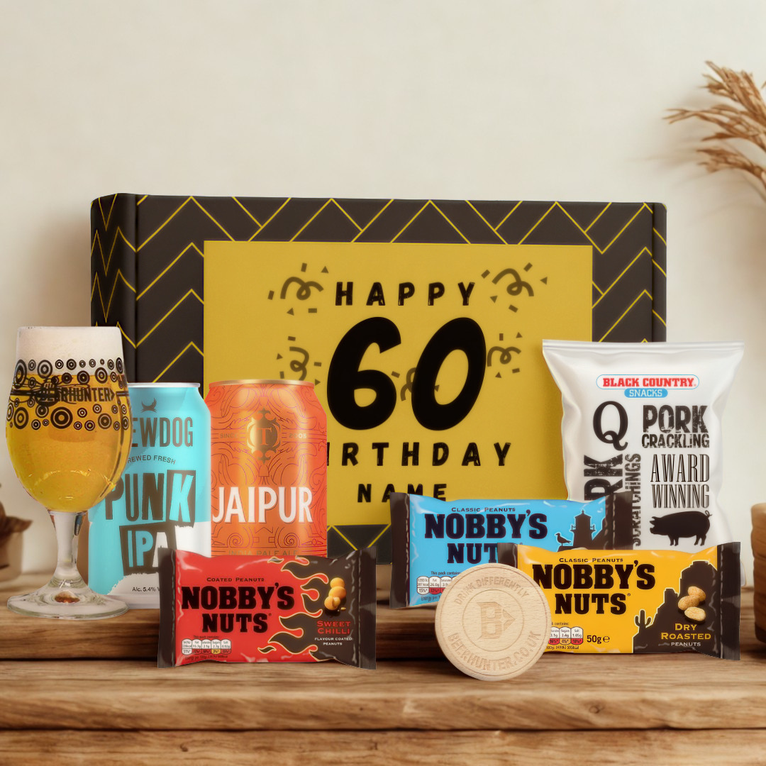 Personalised 60th Birthday Beer Gift Set – Craft Beer Selection with Glass &amp; Snacks (2 Pack)