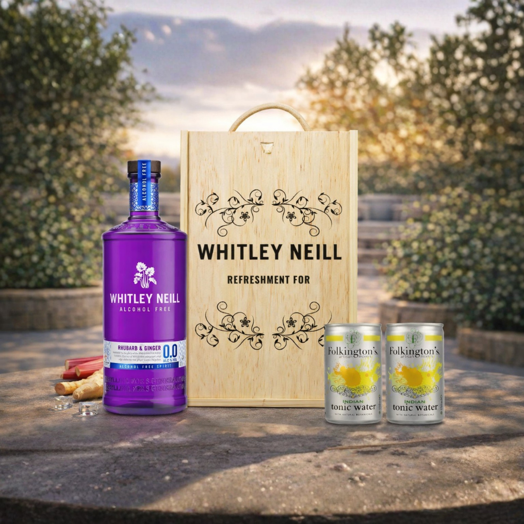 Personalised Whitley Neill Rhubarb &amp; Ginger 0.0 Alcohol-Free Gin &amp; Tonic Gift Set In Wooden Box – 0.0% ABV (70cl)
