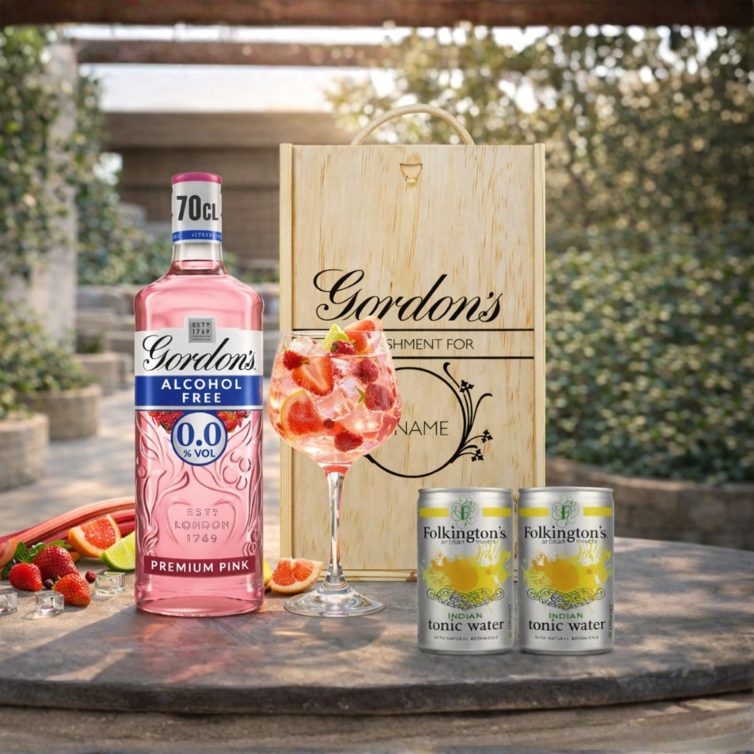 Personalised Gordon’s Pink 0.0 Alcohol-Free Gin & Tonic Gift Set In Wooden Box – 0.0% ABV (70cl)