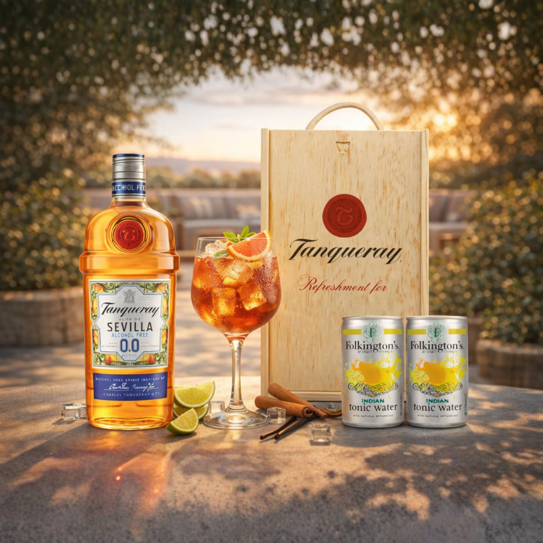 Personalised Tanqueray Sevilla 0.0 Alcohol-Free Gin &amp; Tonic Gift Set In Wooden Box – 0.0% ABV (70cl)