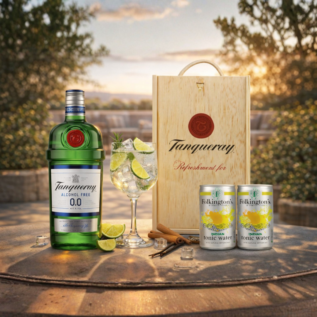 Personalised Tanqueray 0.0 Alcohol-Free Gin &amp; Tonic Gift Set In Wooden Box – 0.0% ABV (70cl)