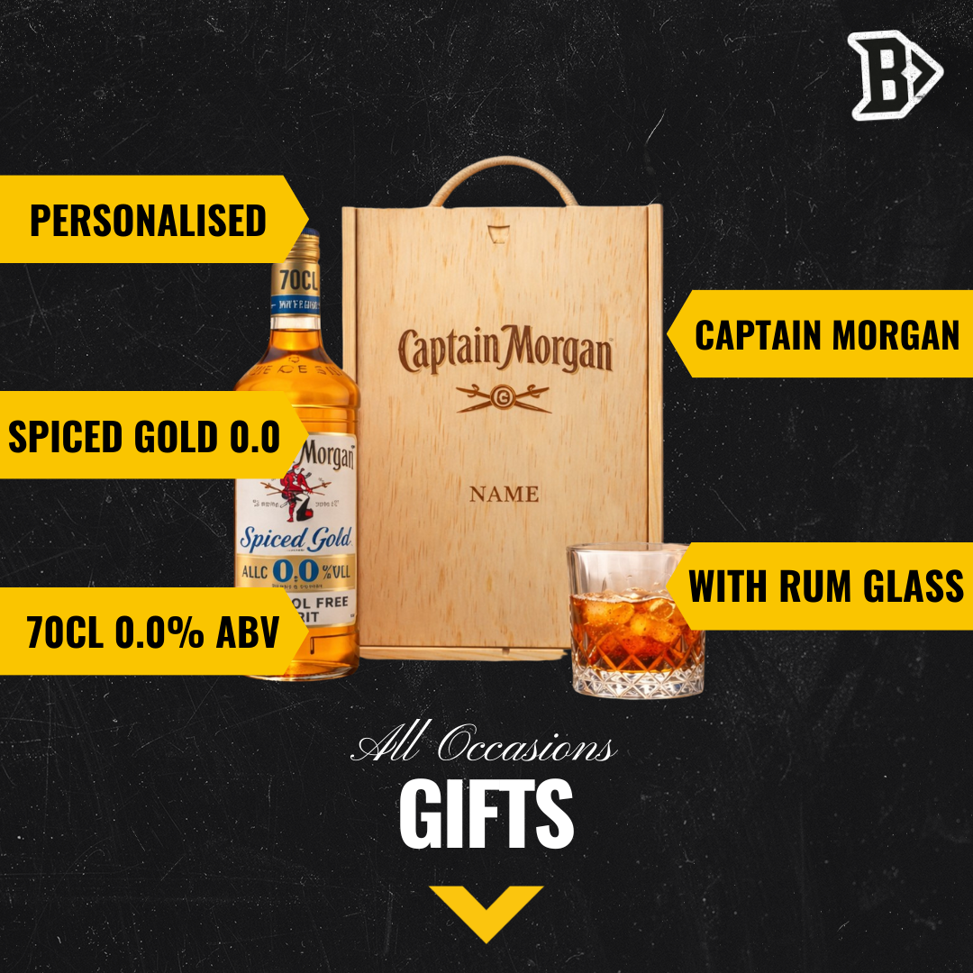 Personalised Captain Morgan 0.0 Alcohol-Free Spiced Rum &amp; Rum glass Gift Set In Wooden Box – 0.0% ABV (70cl)